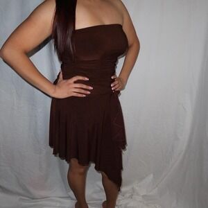 Brown Strapless ruched Y2K coquette dress with tie detail ✨